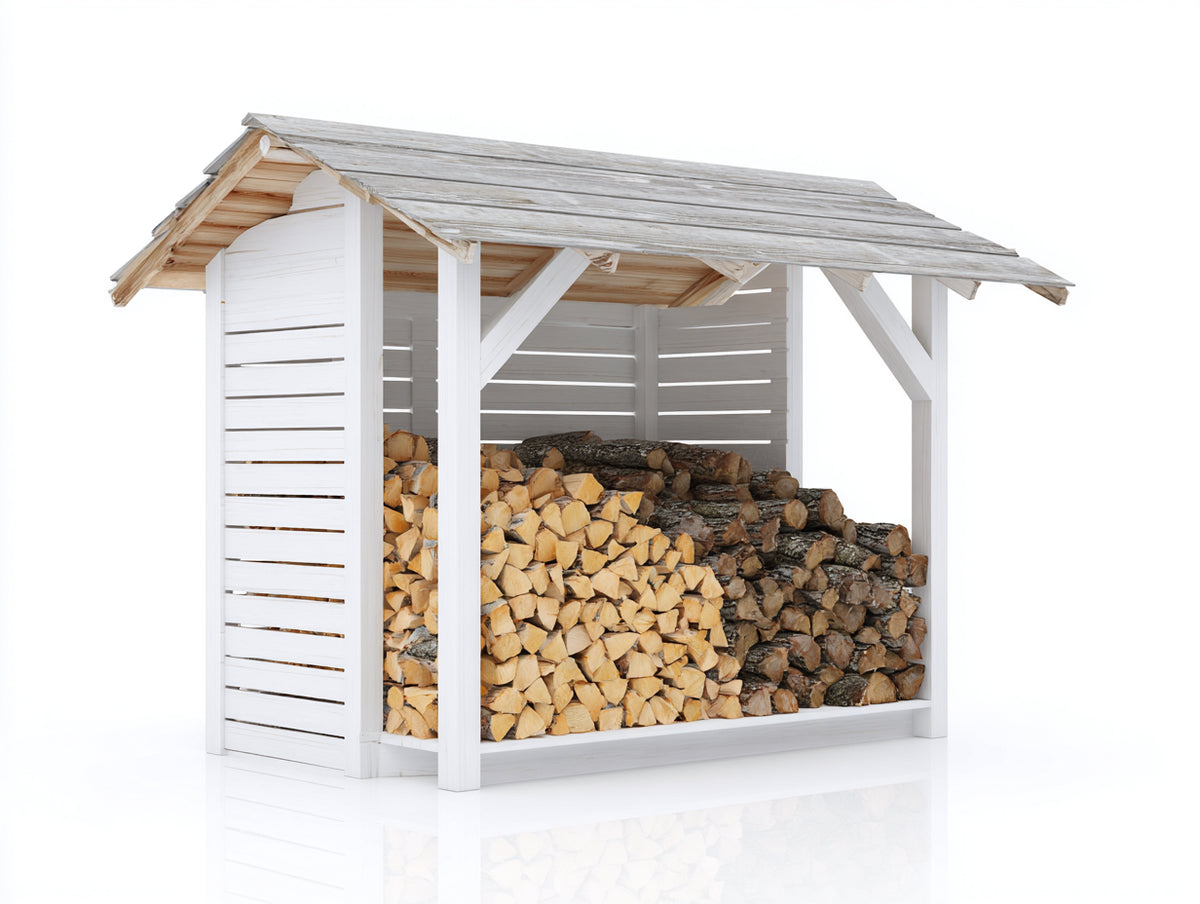 Kaminholzregal aus Holz 220x80x210 cm - Weiß-Natur - überdachtes Design für Garten und Terrasse