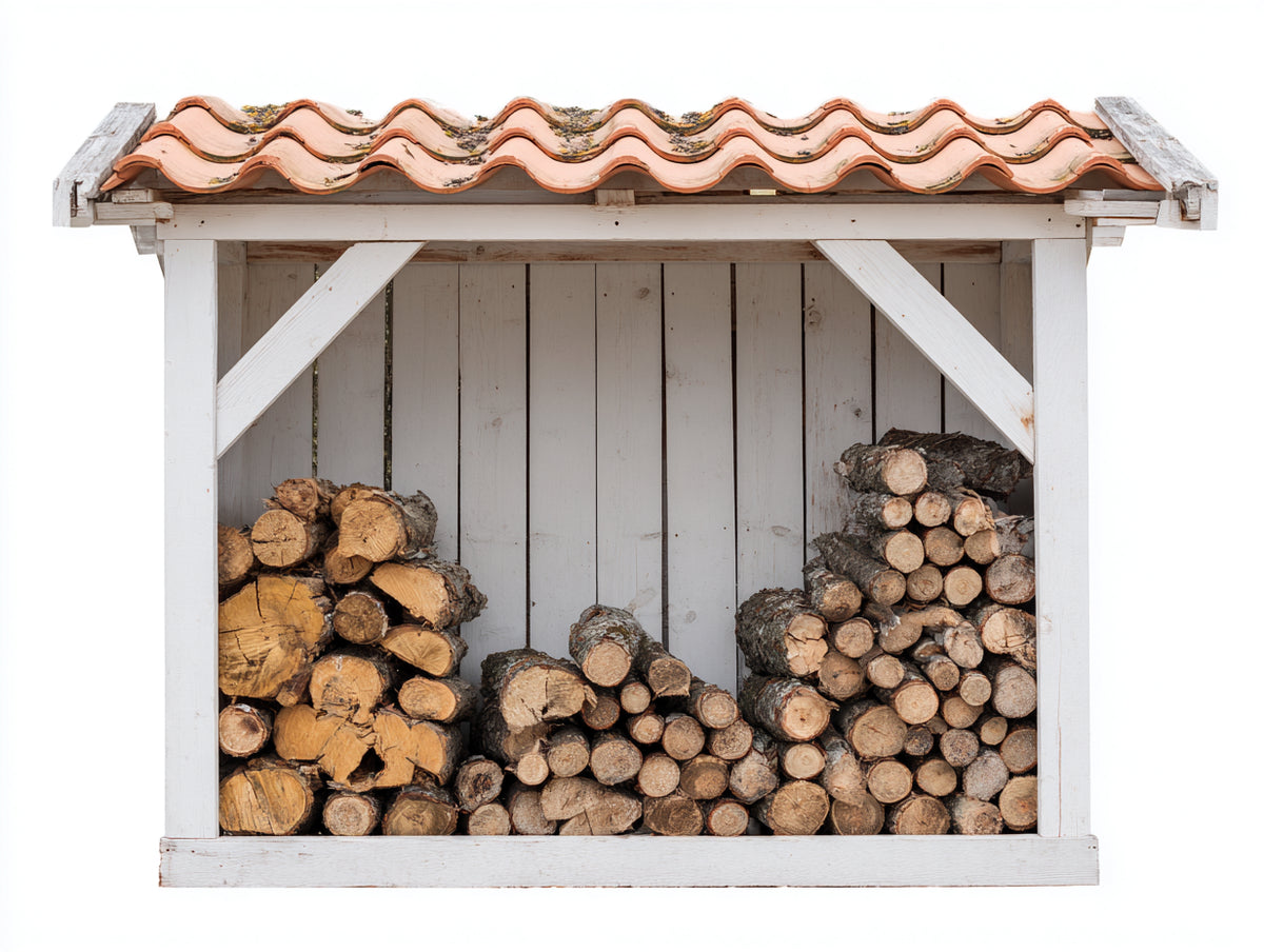 Kaminholzregal aus Holz 180x65x155 cm - Weiß-Terrakotta - überdachter Brennholzunterstand mit Ziegeldach