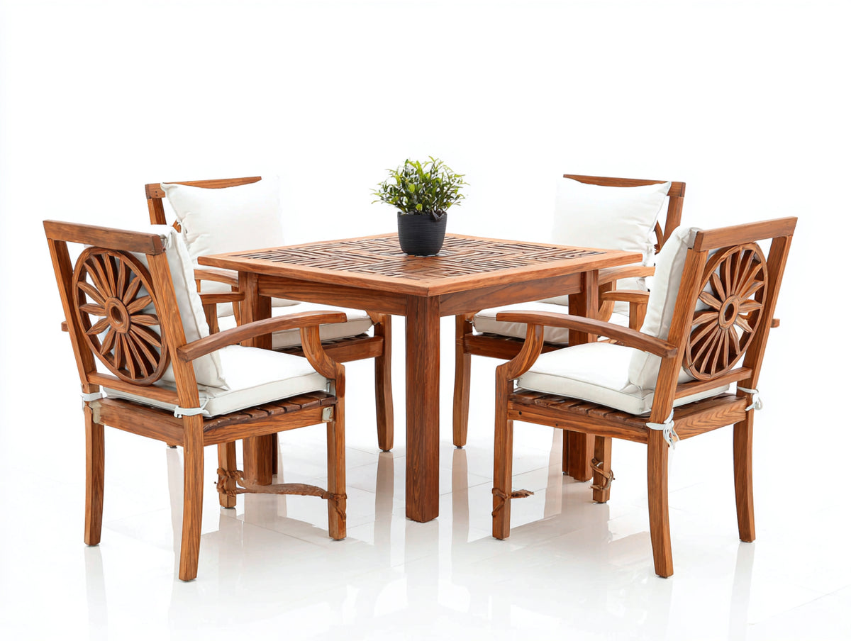 Garten Essgarnituren Holz 120x120x75 cm - Naturbraun und Cremeweiß - 5-teiliges Set mit 4 Armlehnstühlen