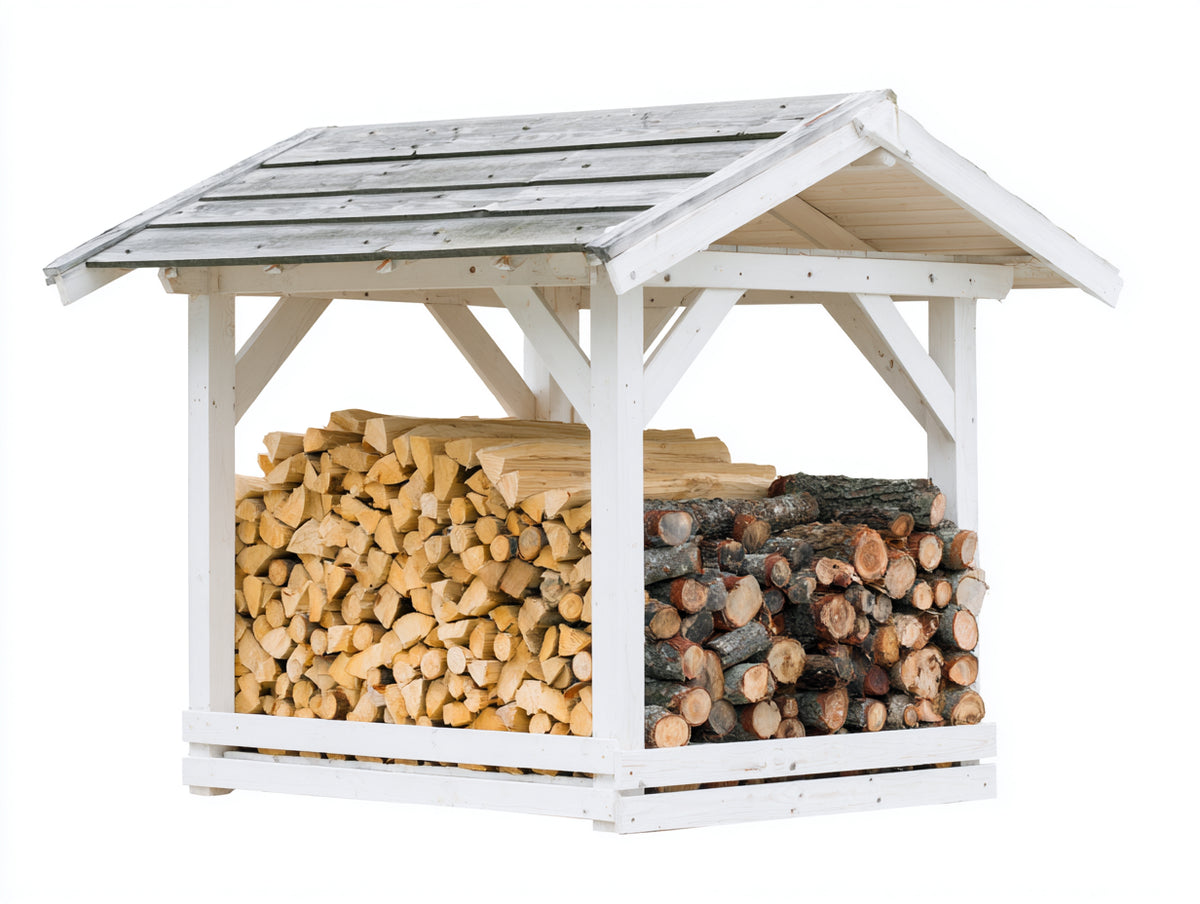 Kaminholzregal aus Holz mit Satteldach 180 x 120 x 170 cm - Weiß-Naturholz - überdachte Brennholzlagerung