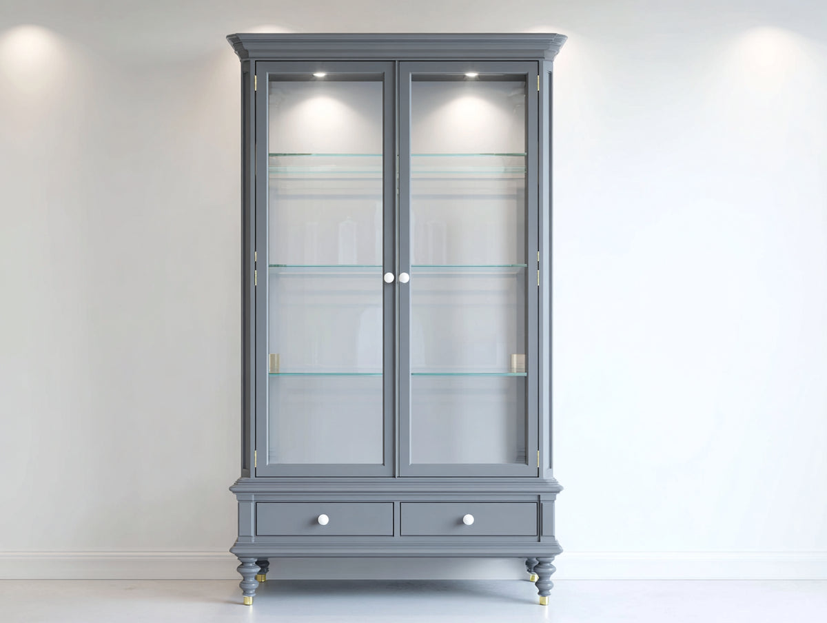 Vitrinen aus Holz und Glas 105x45x190 cm - Grau-Transparent - zweitüriger Vitrinenschrank mit zwei Schubladen im klassischen Stil