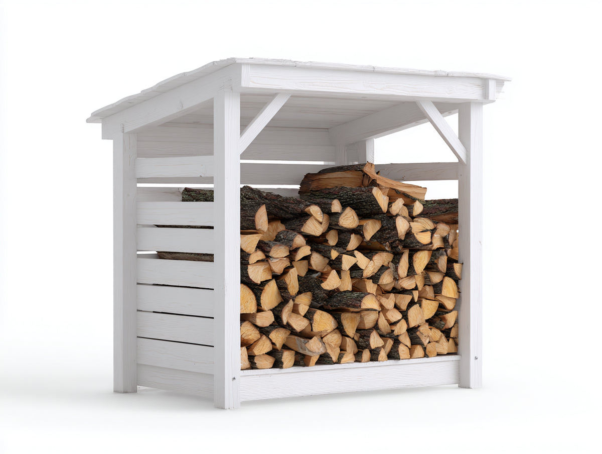 Kaminholzregal Holz mit Dach 150x70x160 cm - Weiß - rustikales Design