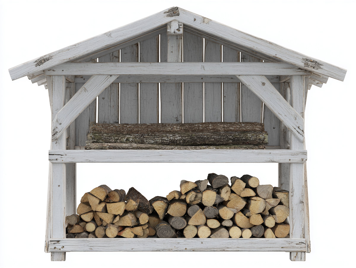 Kaminholzregal aus Holz 170x65x175 cm - Weiß - rustikaler Brennholzunterstand mit Satteldach und zwei Lagerebenen