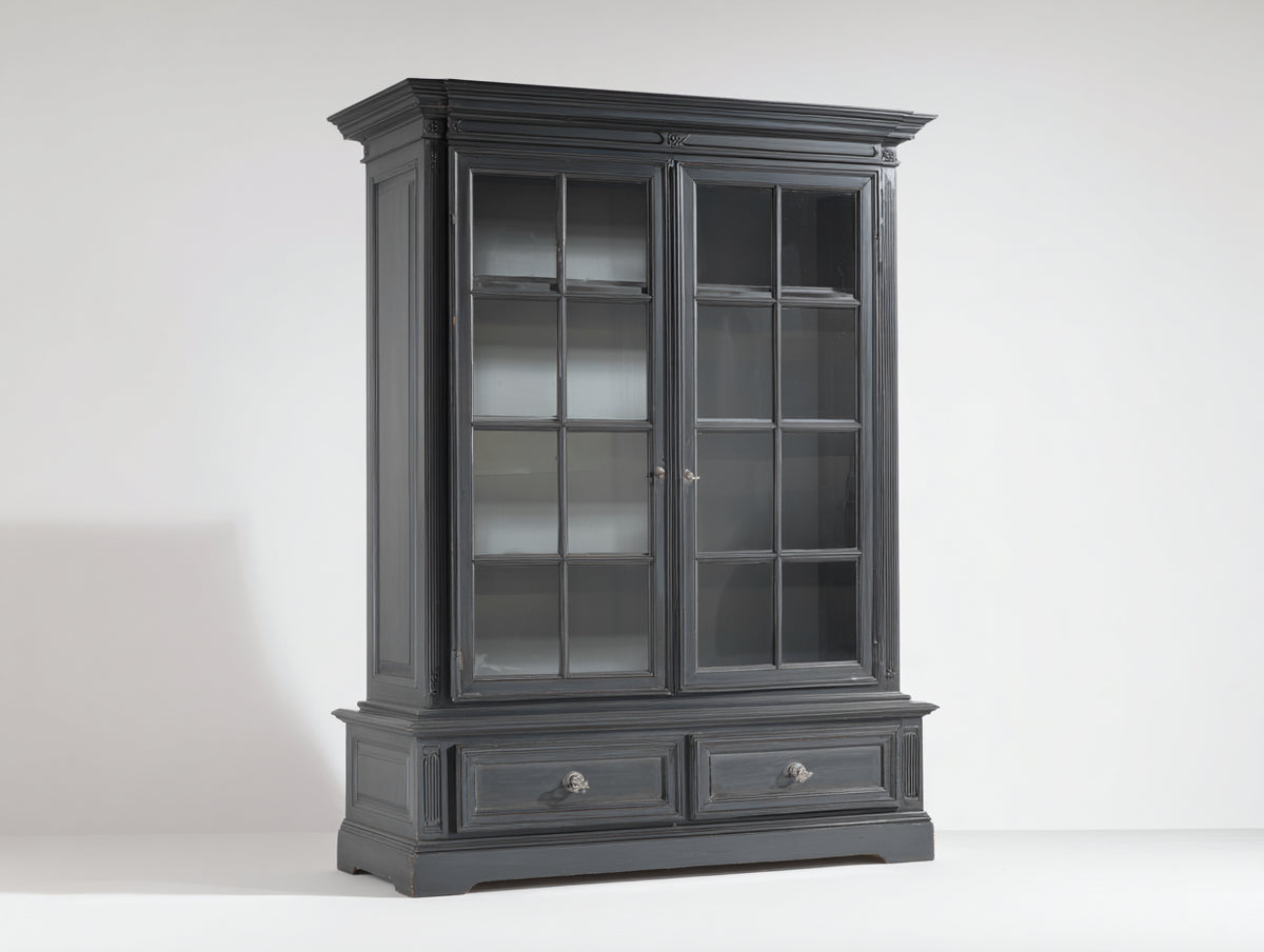 Vitrinen Holz und Glas 120x45x190 cm - Anthrazit - Klassischer Vitrinenschrank mit 2 Glastüren und 2 Schubladen