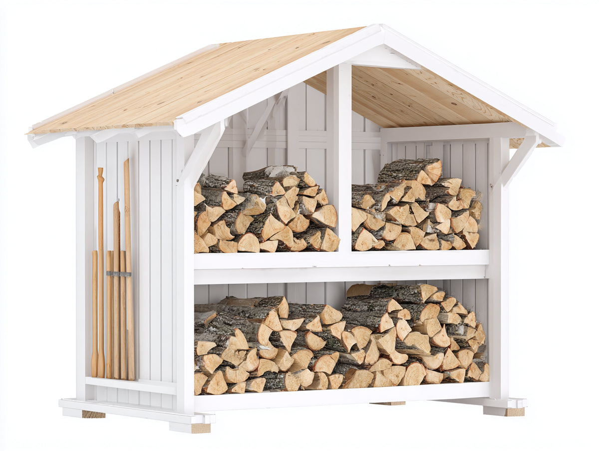 Kaminholzregal Holz 160x70x180 cm - Weiß und Naturholz - Überdachtes Brennholzregal mit mehreren Ablageebenen