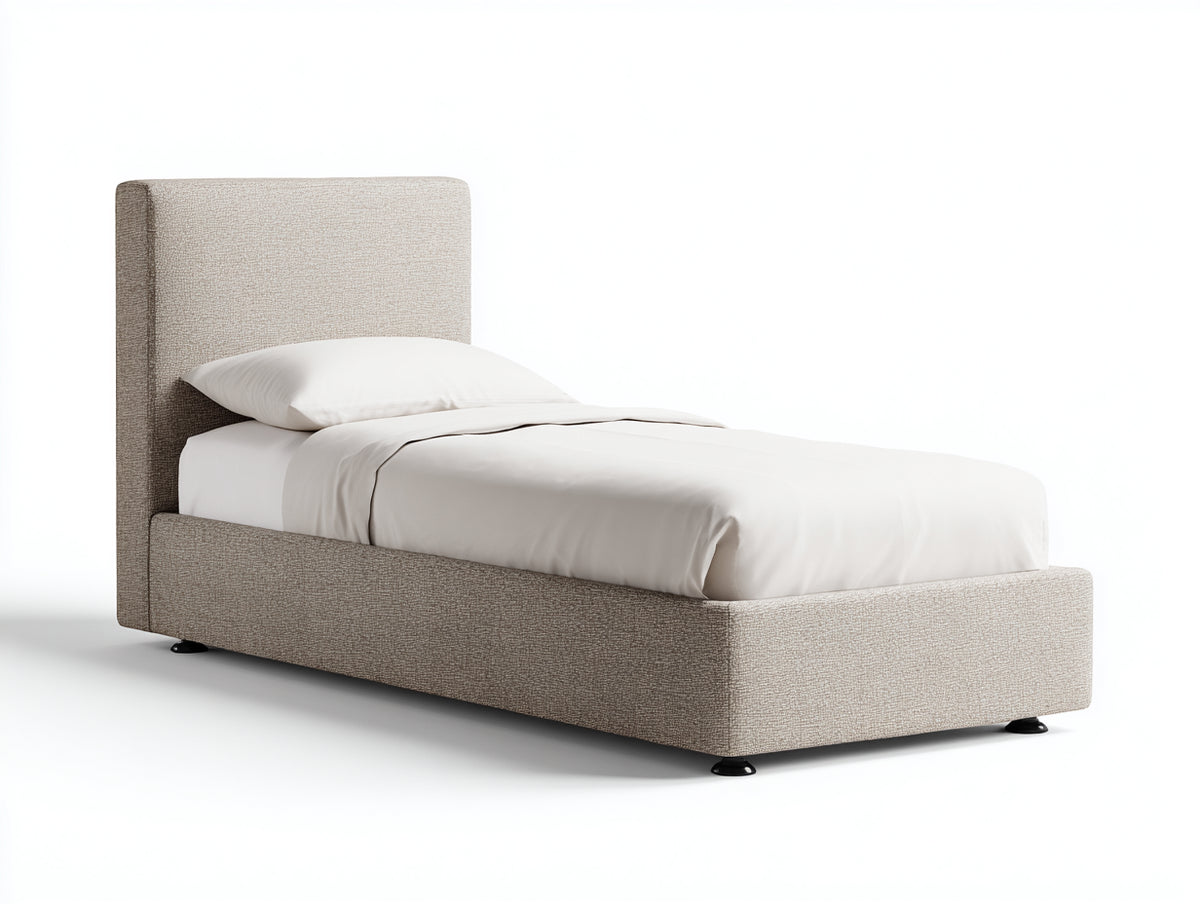 Einzelbett gepolstert 210x105x110 cm - Beige - modernes Stoffbett mit hohem Kopfteil