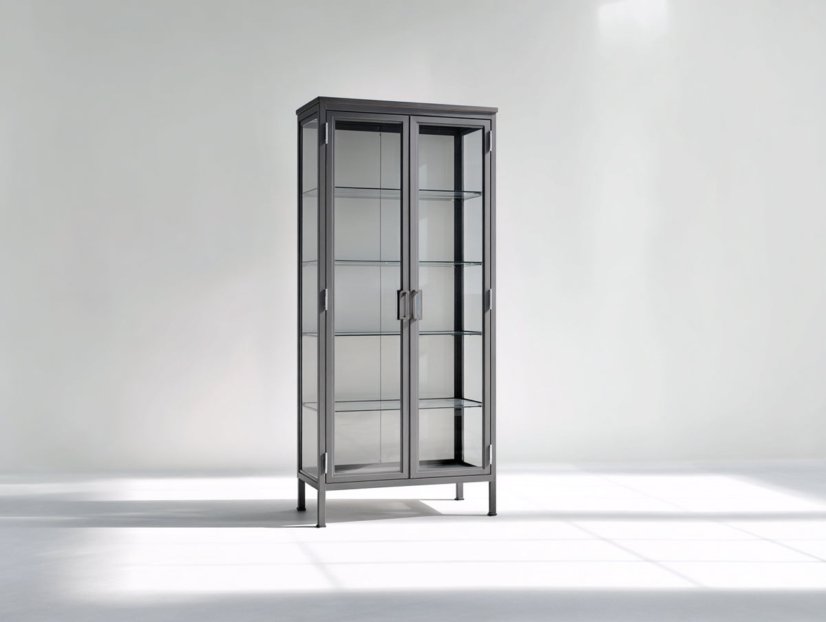 Vitrinen aus Metall und Glas 90x40x180 cm - Anthrazit-Transparent - zweitüriger Hochschrank im modernen Industrie-Stil