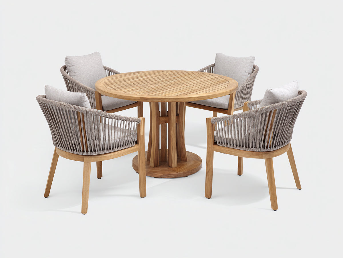 Garten Essgarnituren 5-teilig mit rundem Gartentisch und 4 Sesseln 120 x 120 x 75 cm - Naturholz-Grau - modernes Seildesign